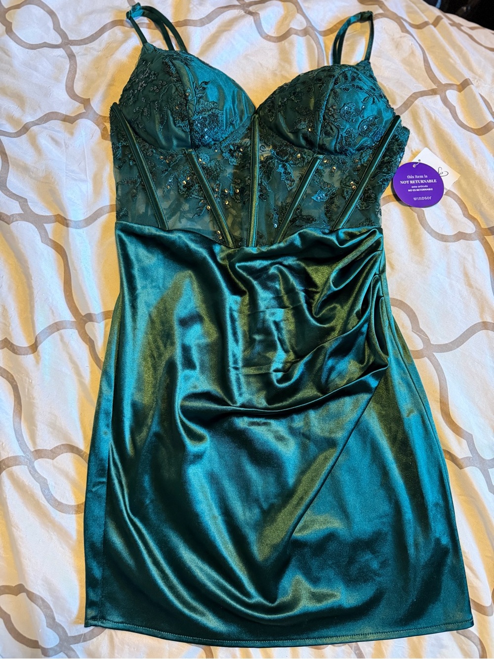 Windsor Teal Satin & Lace Mini Dress